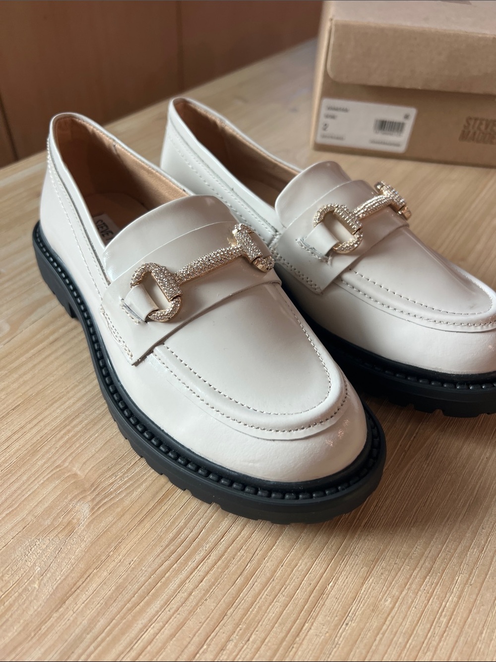 Steve Madden Cream bling gold Chain-Trim Loafers for girls school shoes slip on